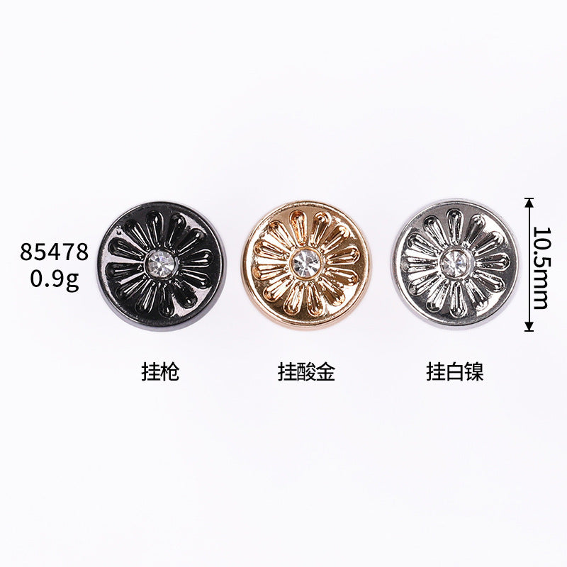 Größenansicht: runde Strass-Metallknöpfe mit Schaft, 10,5 mm, 0,9 g, drei Farben