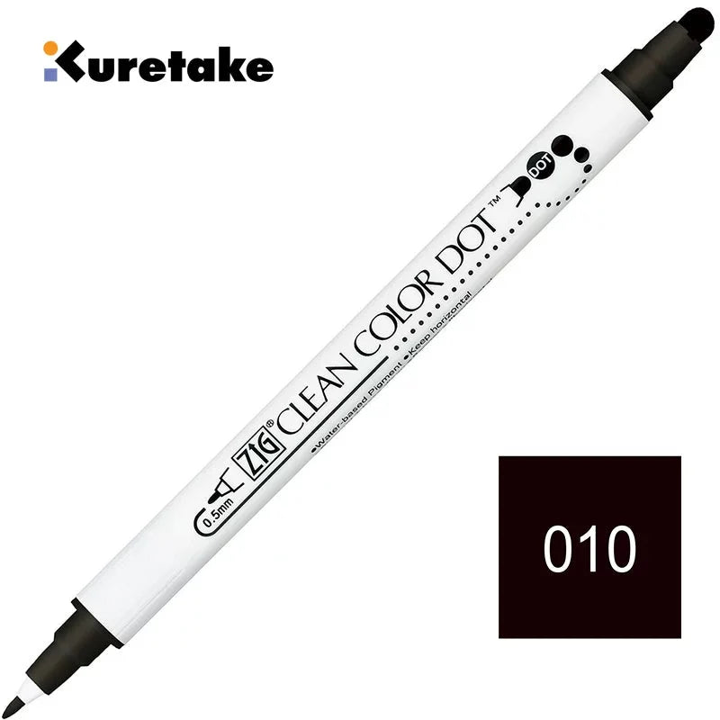 Kuretake ZIG Clean Color Dot TC-6100 – 2-Pack | Dual-Tip Dot & Brush Watercolour Marker | Journal / Illustration / Hand-Lettering | Japan Kuretake 010 Black