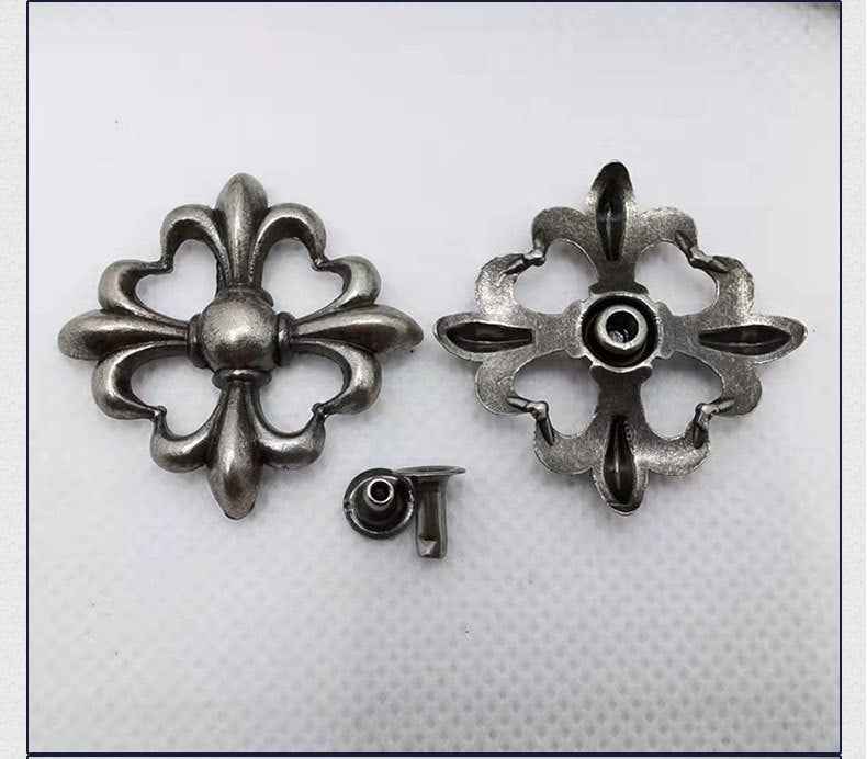 Antique silver gothic cross rivet studs, two front pieces with snap-back posts