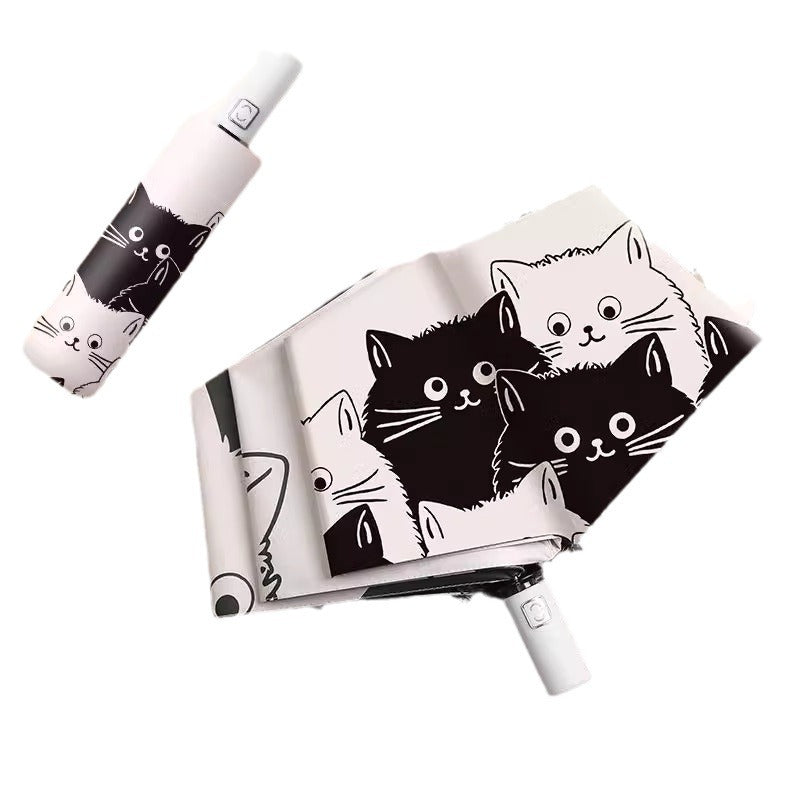 Cartoon Black & White Cat UV Protection Auto-Folding Sun Umbrella