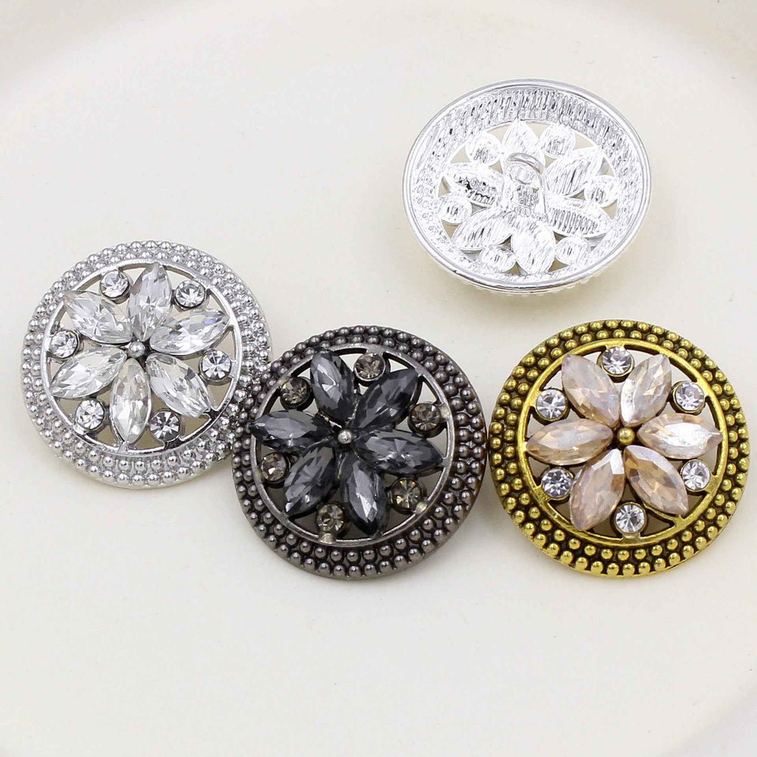 Vintage round crystal flower buttons: silver, gunmetal & bronze, 12 pcs set