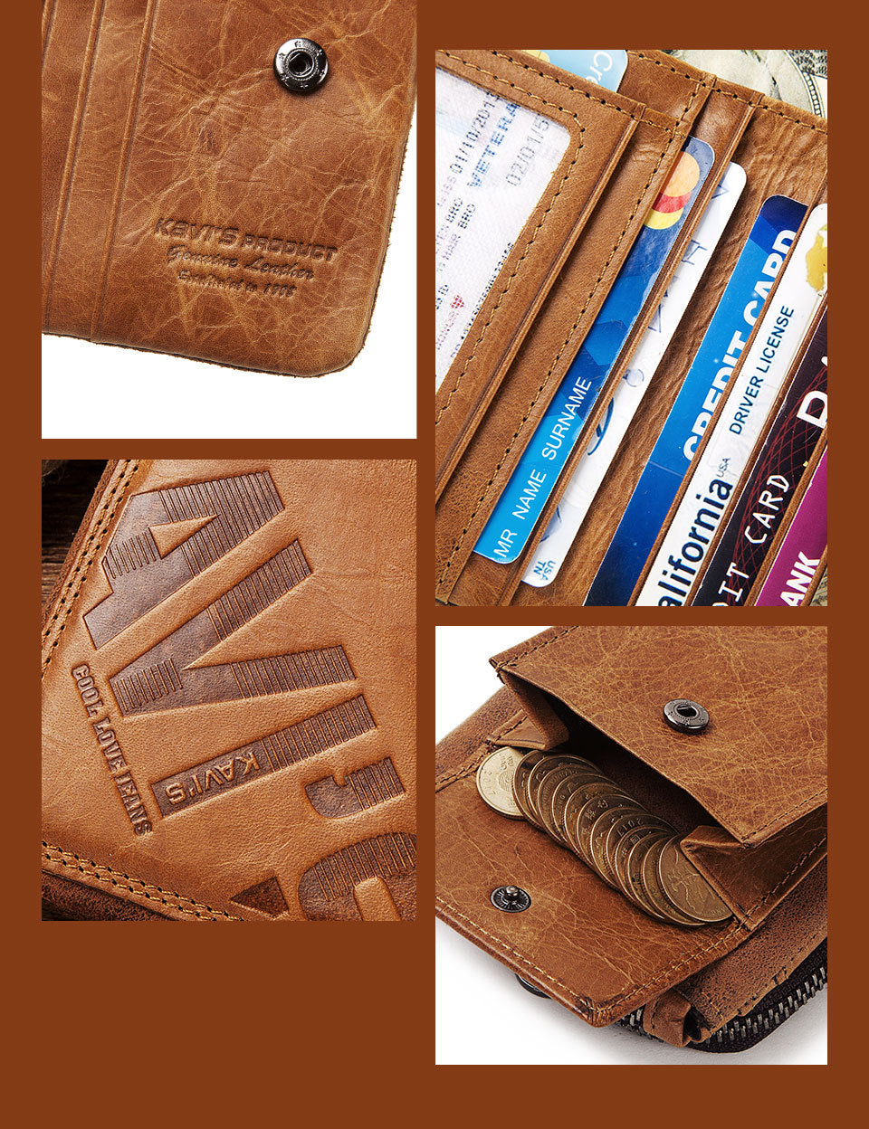 Brown Genuine Cowhide Leather Men's Short Wallet, Zip Around