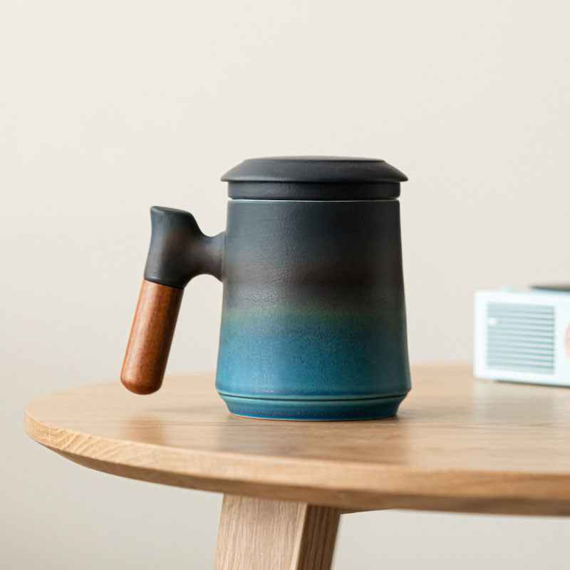 Gradient Tea Cup Mug with Infuser and Lid, 14.5oz Wood Handle Black Blue