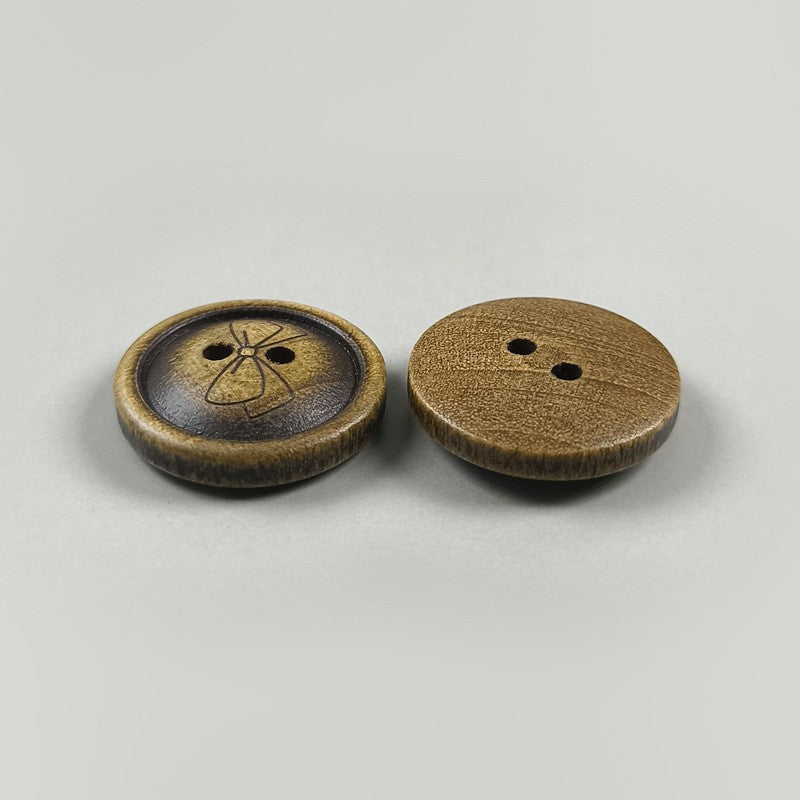 Set of wood butterfly pattern buttons with two holes, front and back views