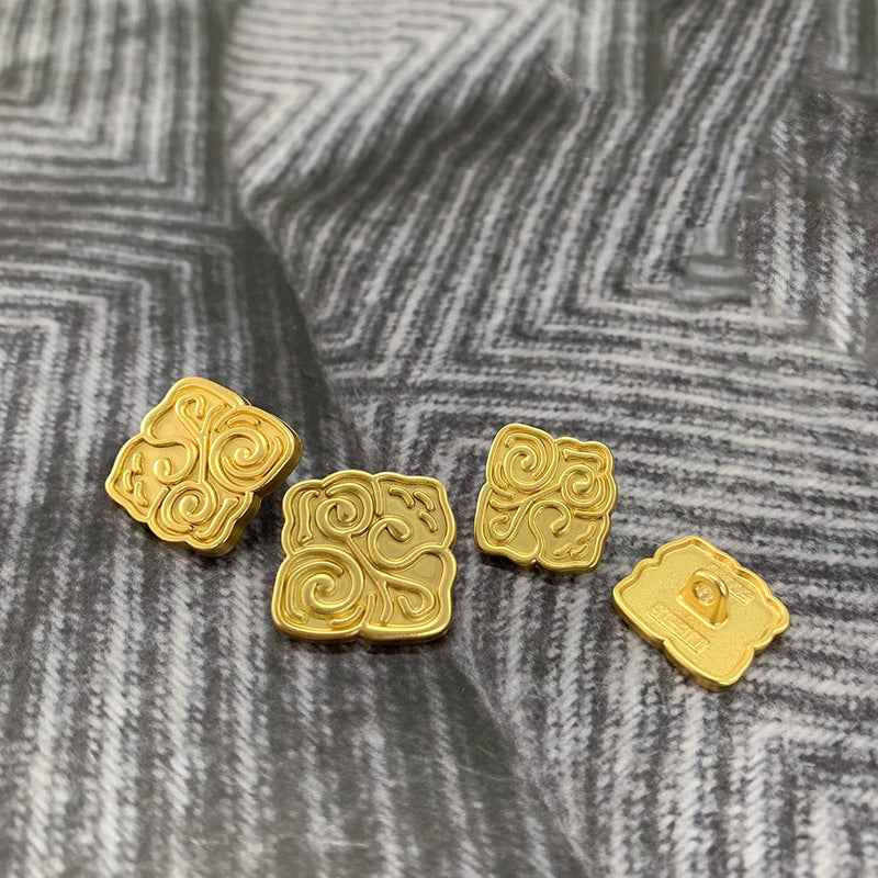 Matte silver square Chinese-style metal button, frosted swirl front