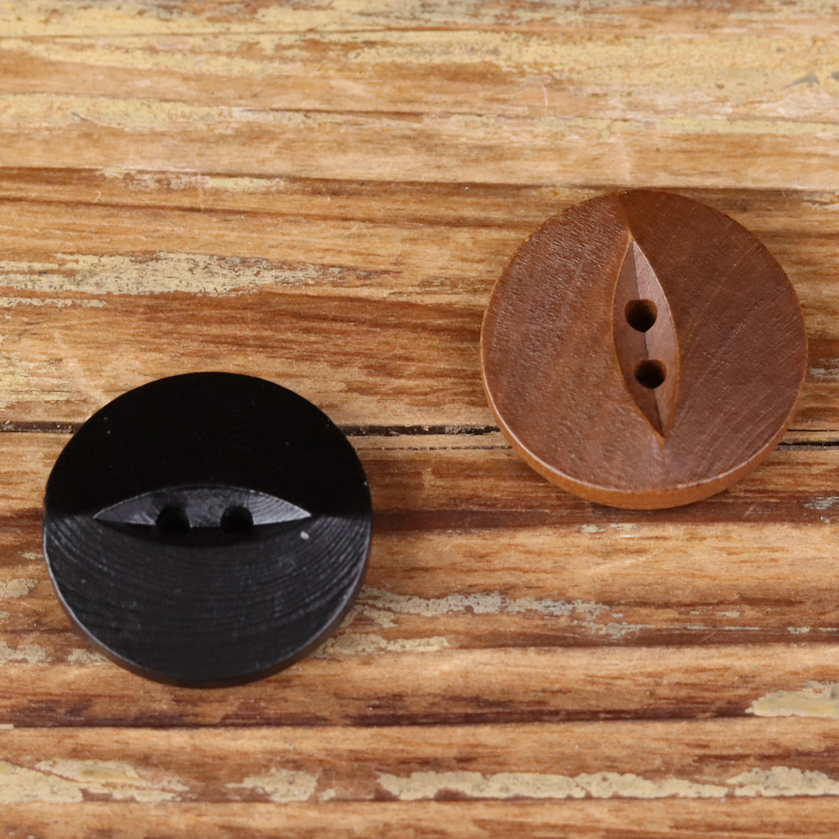 Round 2-hole wood buttons, black and brown, round fish-eye style