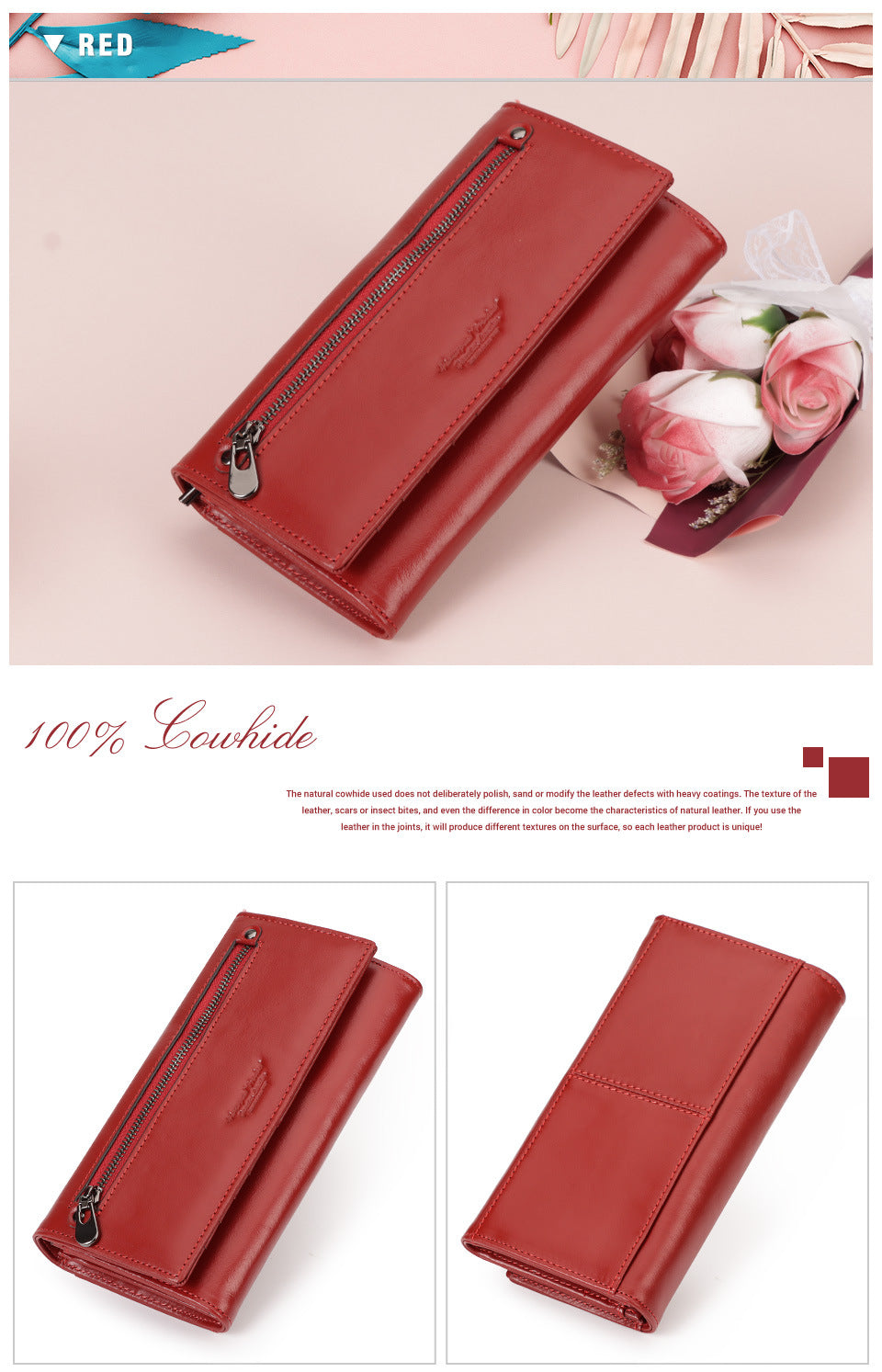 RFID Blocking Genuine Leather Long Clutch Wallet for Women
