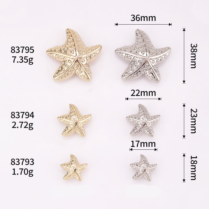 Puffy starfish metal shank buttons in light gold and nickel silver with sizes
