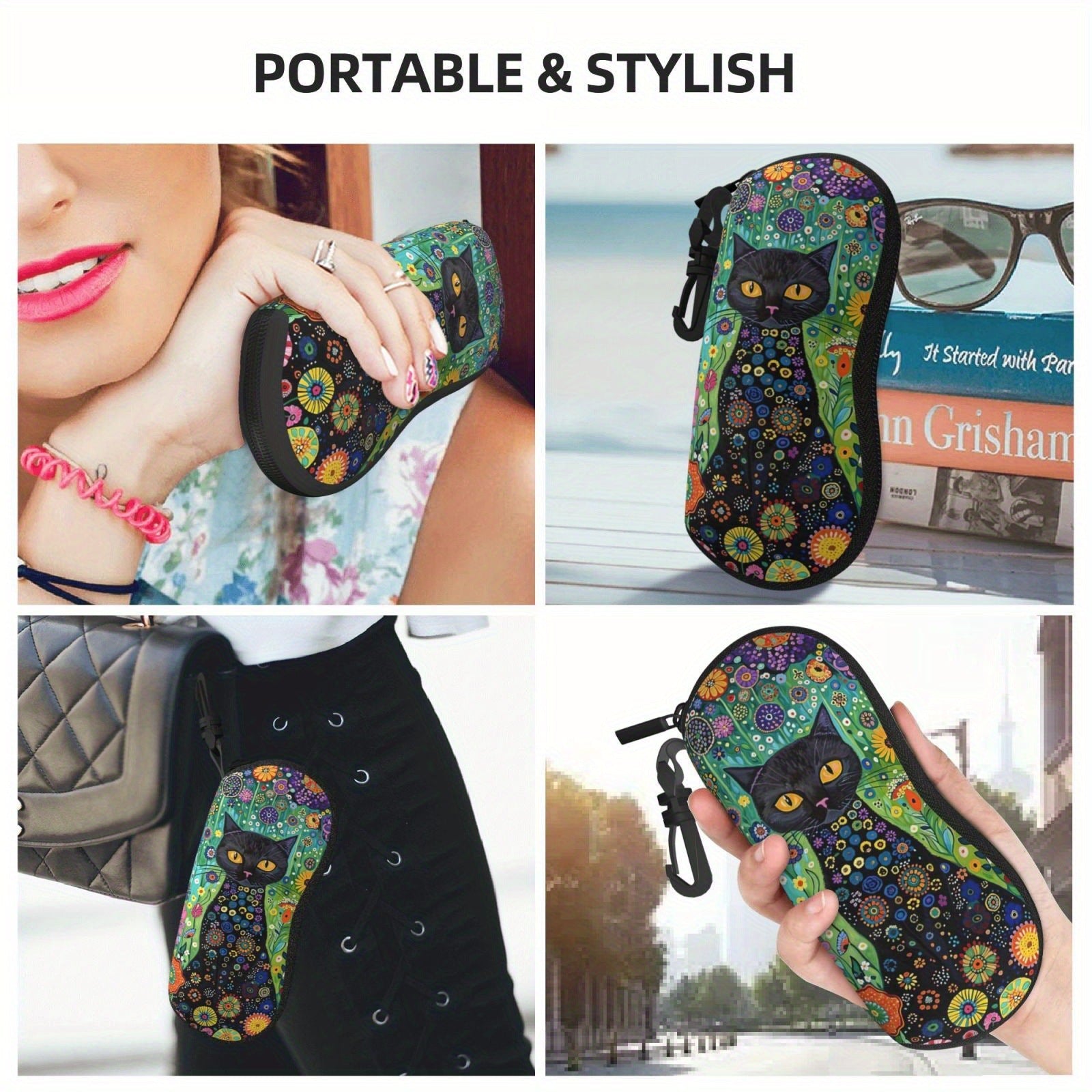 Black Cat Print Glasses Case Soft Eyewear Carrying Pouch with Keychain 2PCS