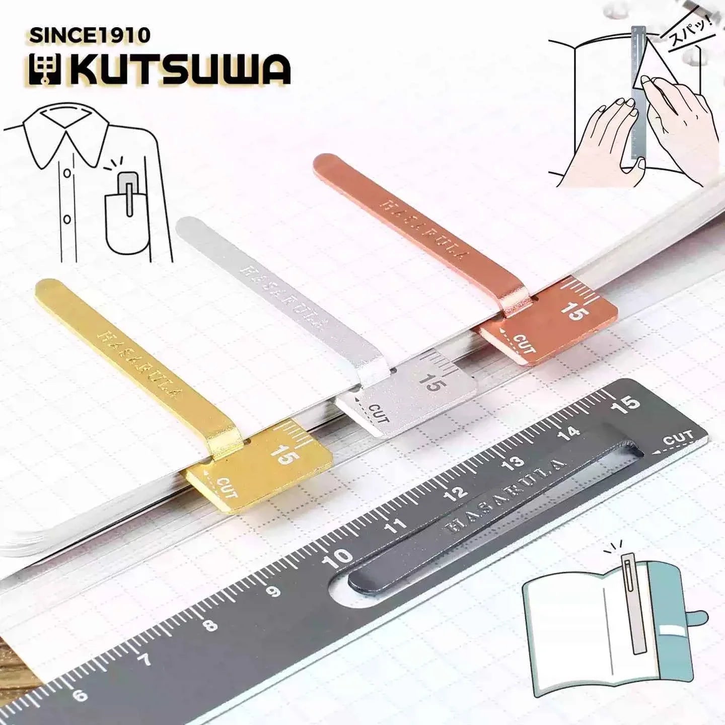Kutsuwa Hasarula Aluminum Ruler - 15cm with Paper Clip and Cut