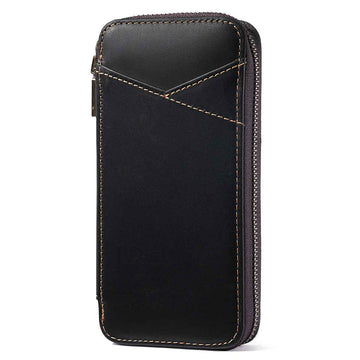 Leather Pencil Case – Handmade Zipper Pen Pouch with 7 Organized Slots Black