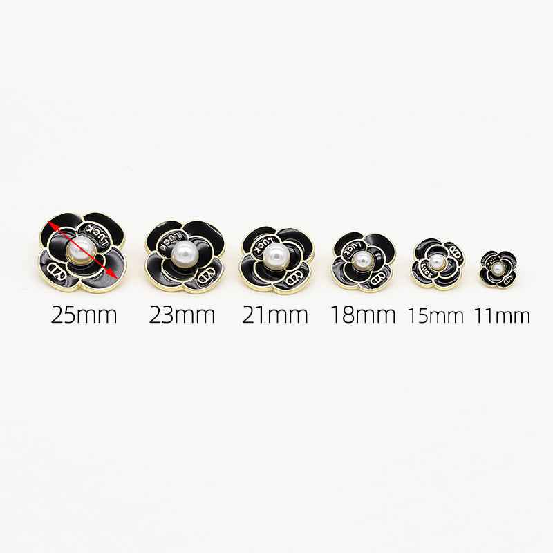 Pearl petal metal shank buttons with sizes marked 25mm, 23mm, 21mm, 18mm, 15mm, 11mm