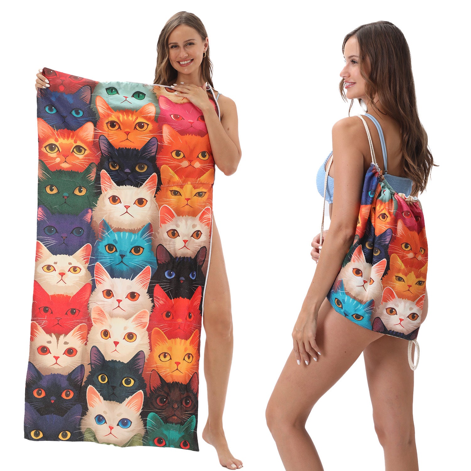 2-in-1 Foldable Printed Beach Towel Built-In Storage Bag