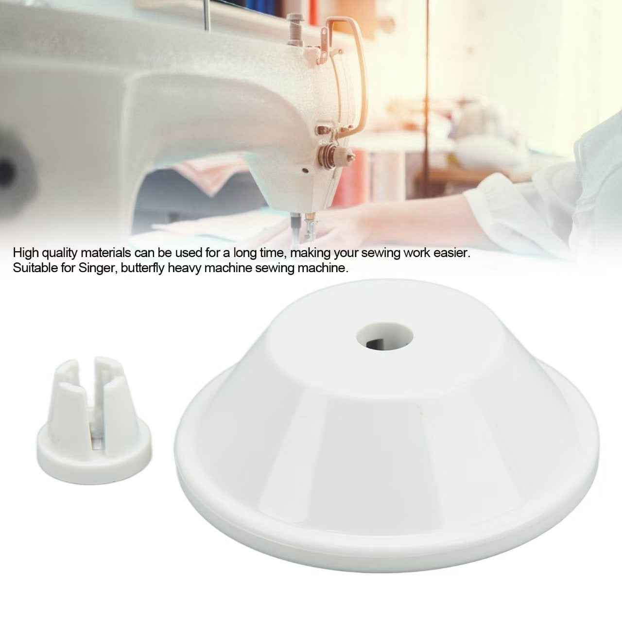 White spool pin cap components: large base with center hole and two mounting pieces