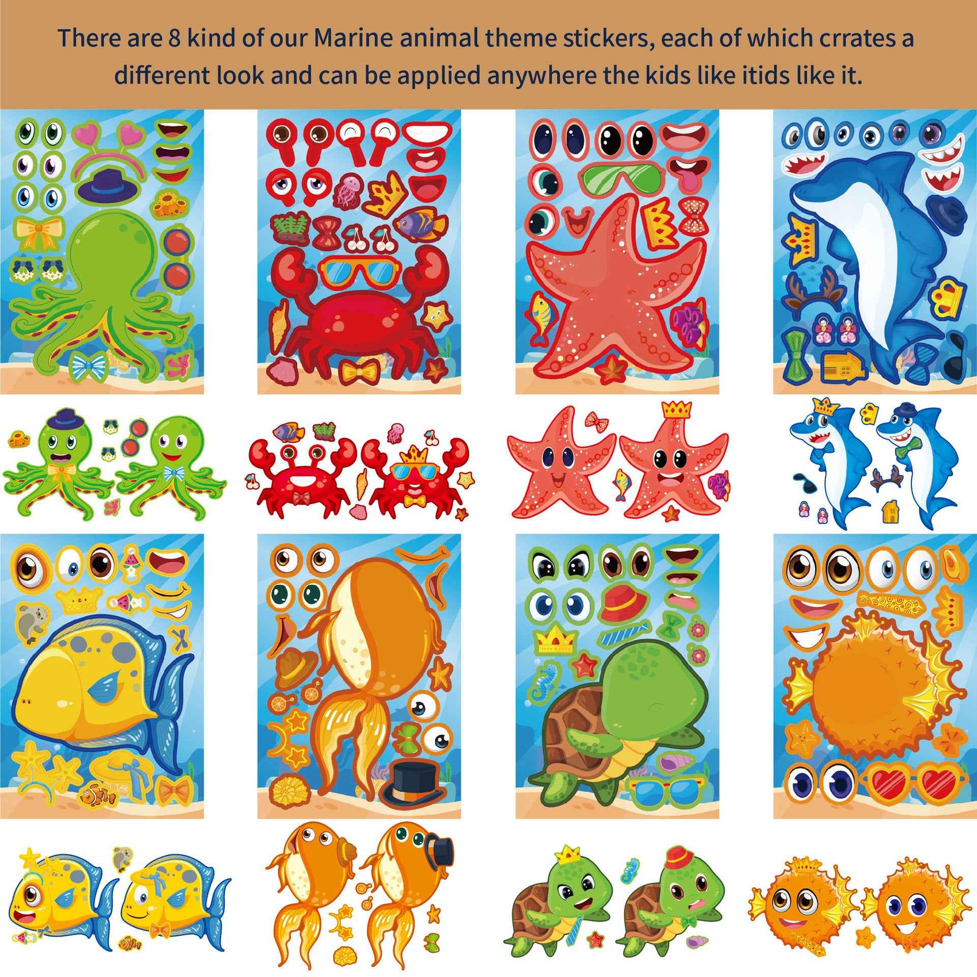 Make a Face Cartoon Marine Animals DIY Stickers for Kids 24 Sheets