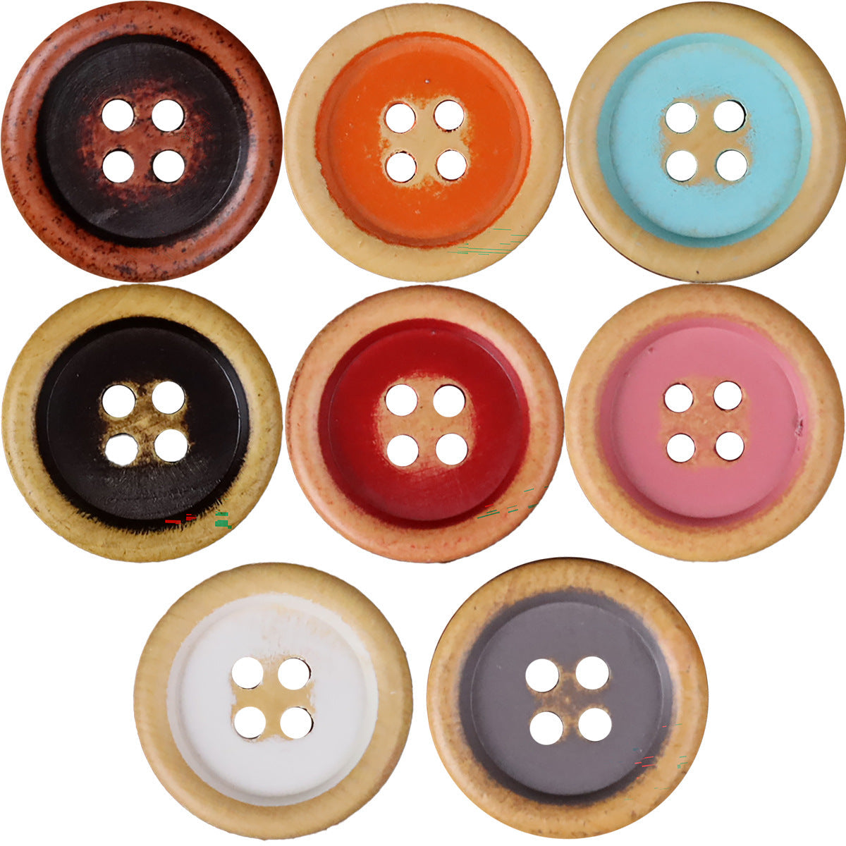 Set of round 4-hole wood buttons in dark, orange, and light blue tones
