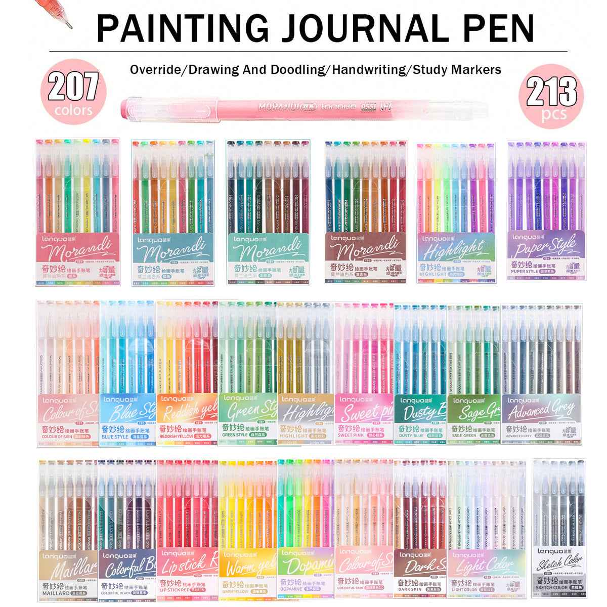 Languo Glitter Gel Pens 207 Color for Adult Coloring Journaling Drawing 213pcs(24 Pack)