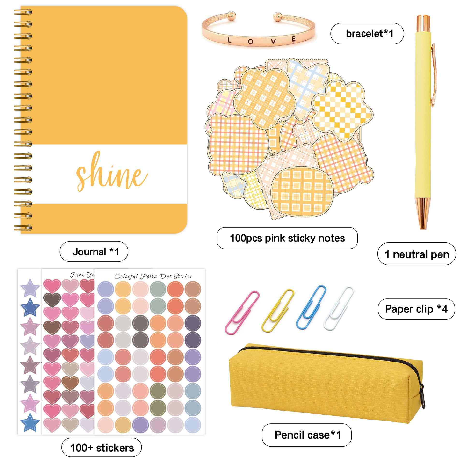 7pcs Shine Diary Notebook Pen Sticker Gift Set for Kids Yellow