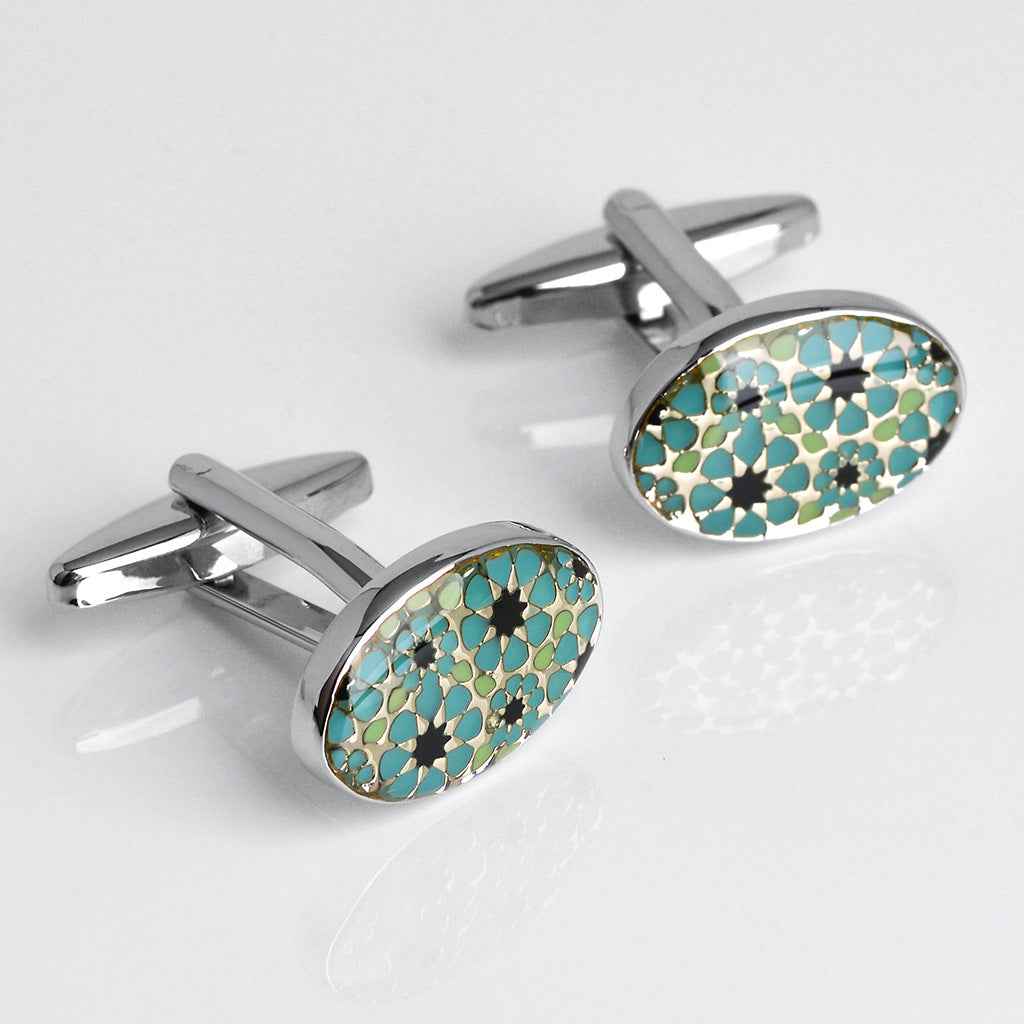 Pair of oval blue and black mosaic French cufflinks with silver-tone posts