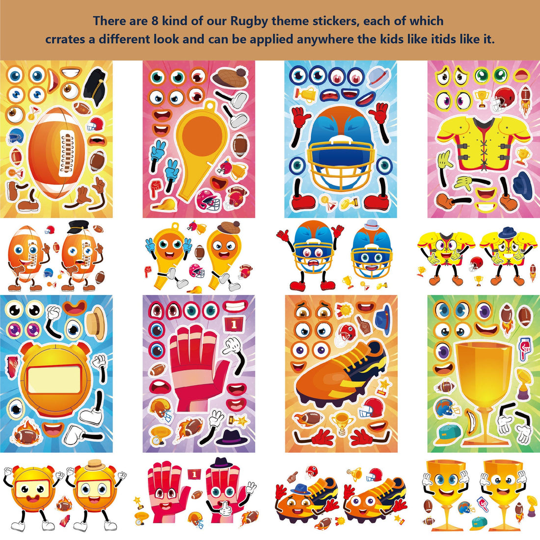 Make a Face Cartoon Rugby Stickers for Kids 24 Sheets