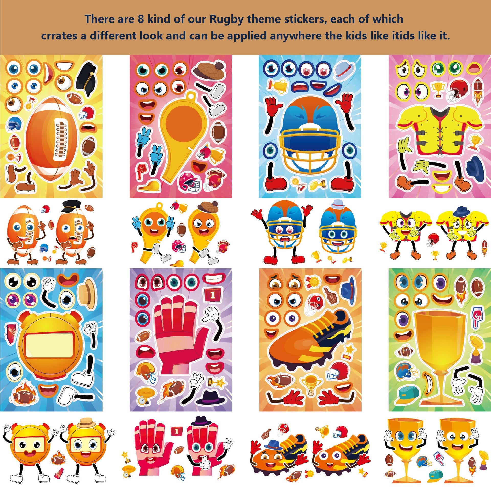 Make a Face Cartoon Rugby Stickers for Kids 24 Sheets
