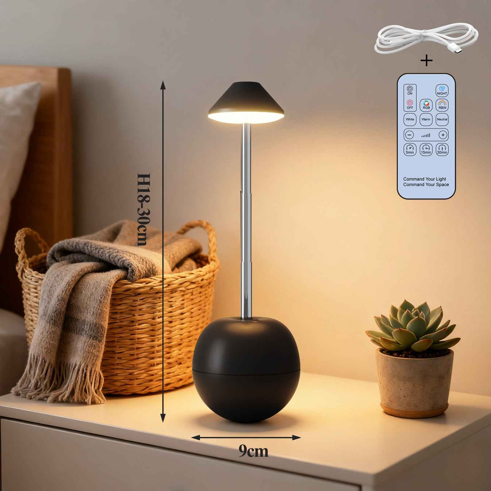 LED Night Light Rechargeable with Remote Telescopic Stem Wobble Base Black