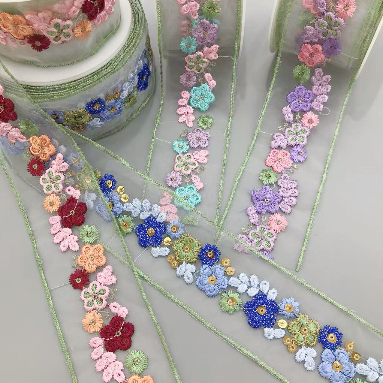 5cm colorful floral sequin organza lace trim with multiple flower rows in blue, pink, and purple