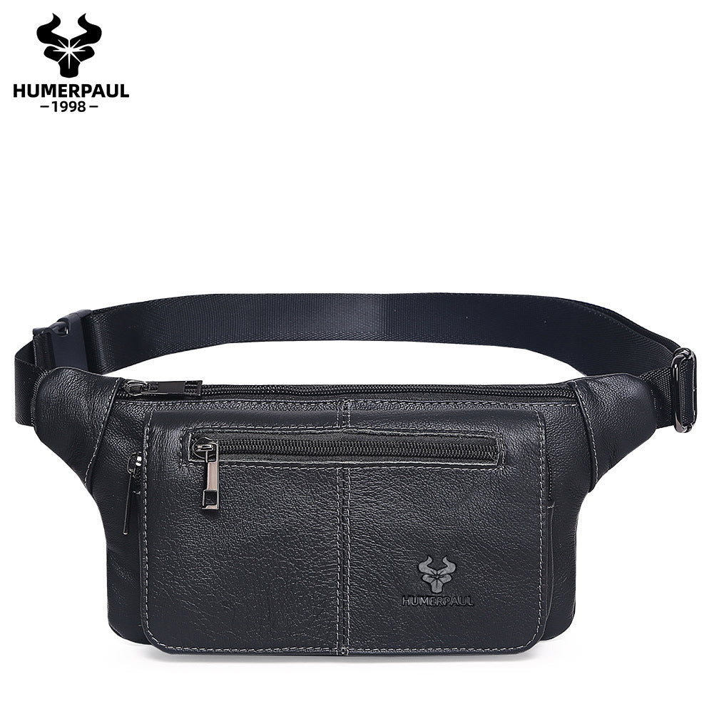 Genuine Leather Waist Crossbody Bag,Outdoor Sports Chest Pack Black