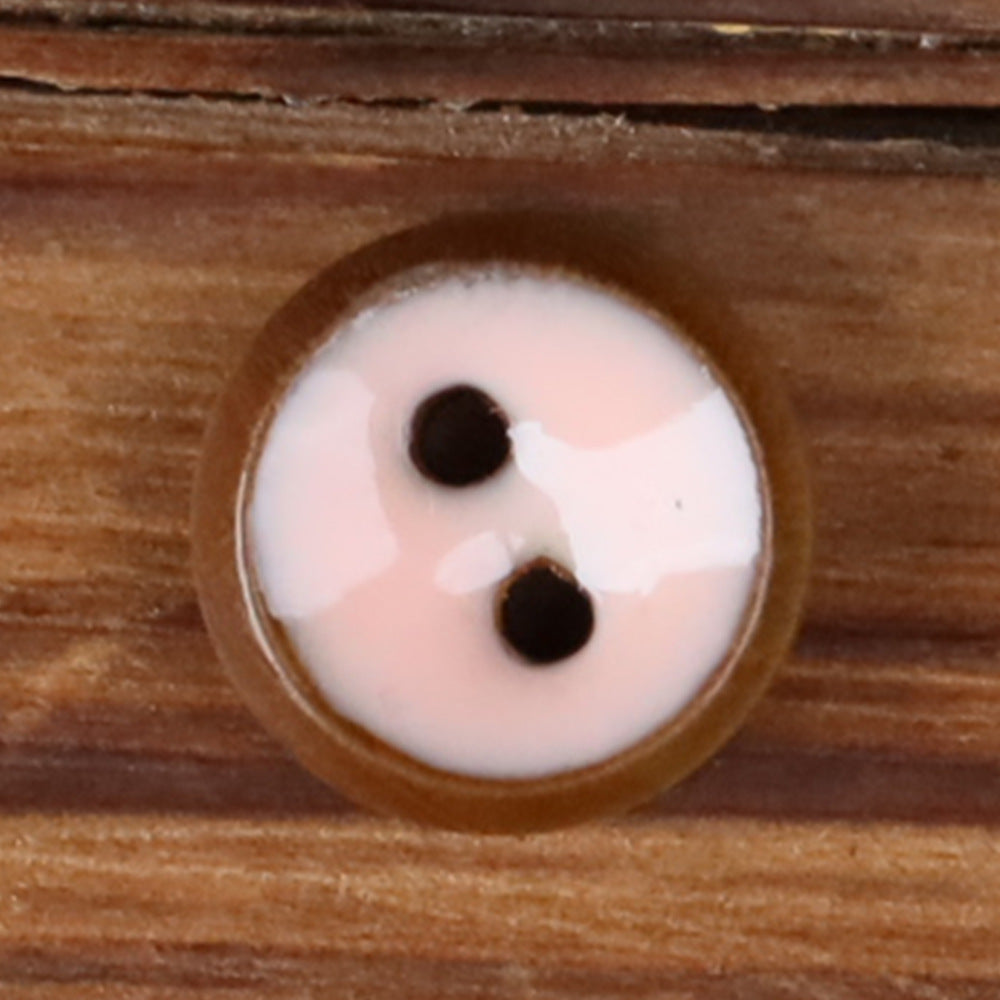 Round 2-hole wood shirt button with white front and natural brown rim