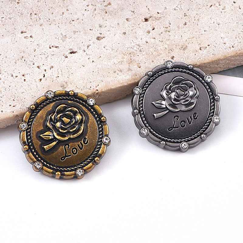 Round rose metal shank buttons, antique gold, front "Love" rose rhinestone (20 pcs)