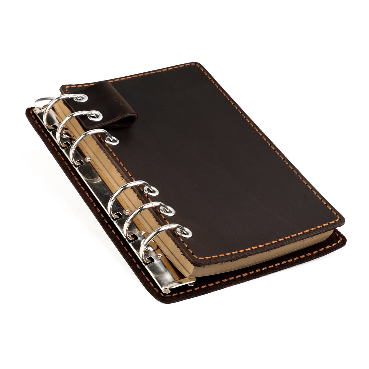 A6 Vintage Genuine Leather 6-Ring Binder Notebook with Pen Loop Coffee