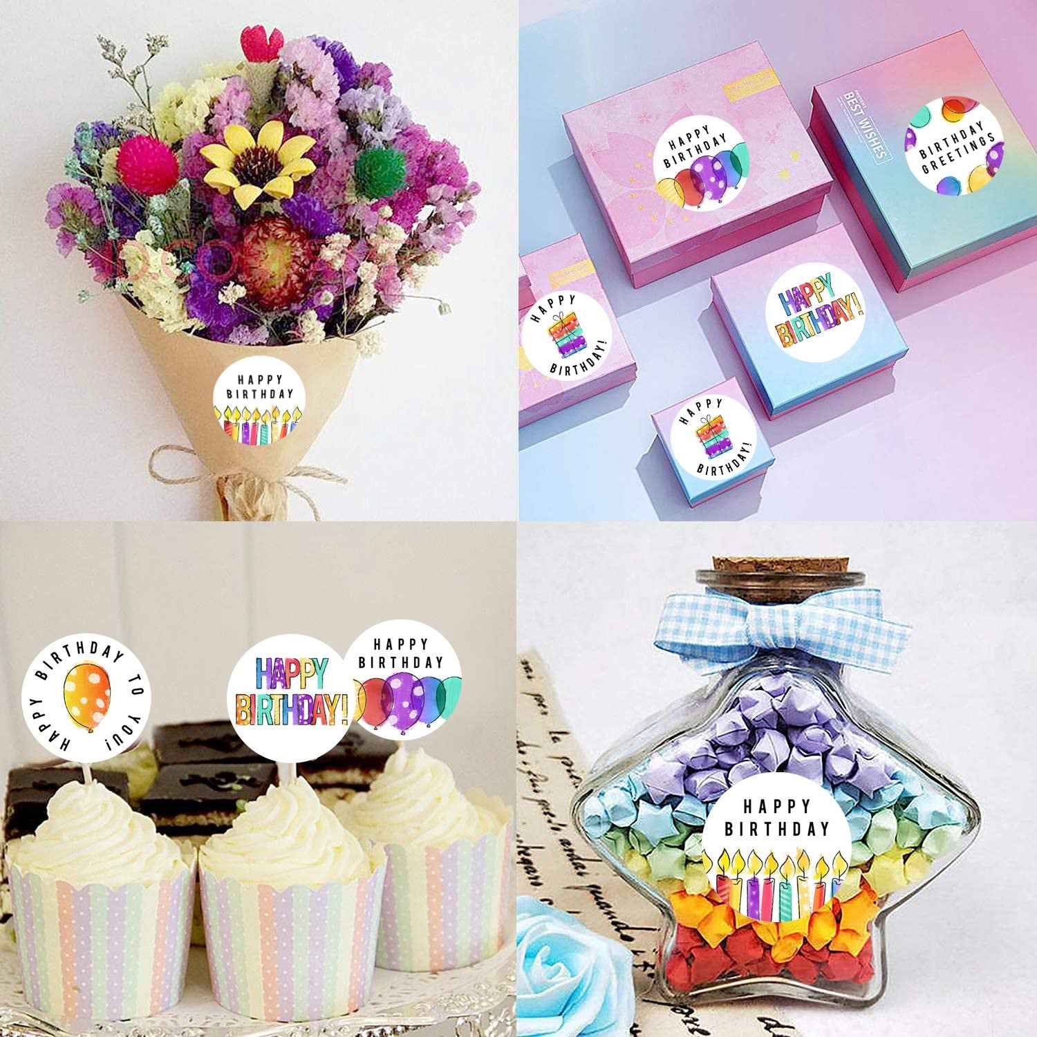 500 Labels Happy Birthday Stickers Round 1.5 inch