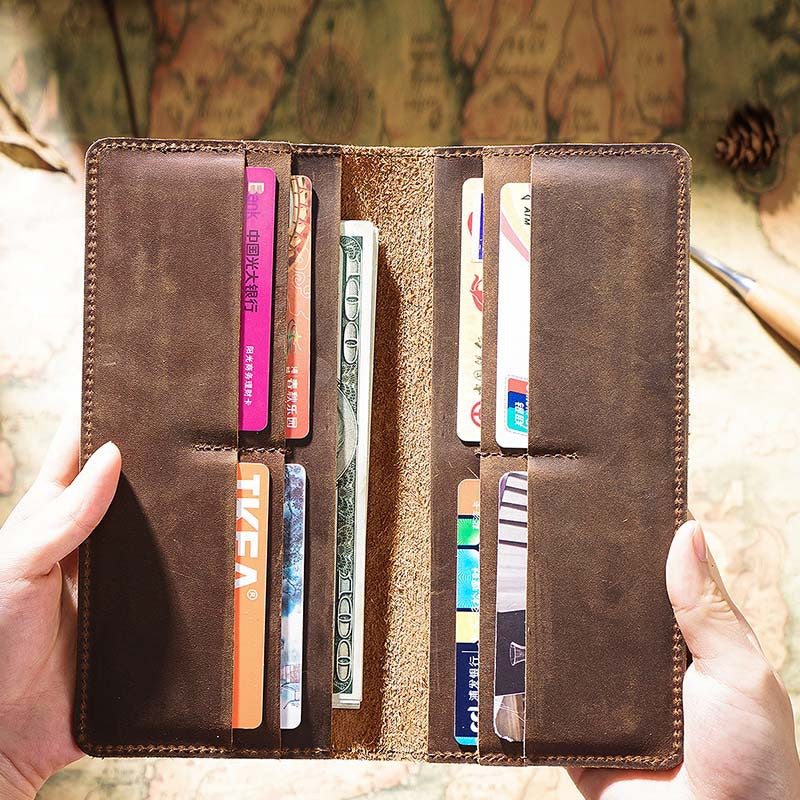 Handmade Crazy Horse Leather Long Wallet for Men Black
