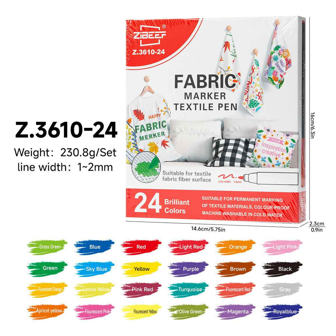 XIBEEF Permanent Fabric Markers Textile Pen,12/24 Colors Pack 12 Color