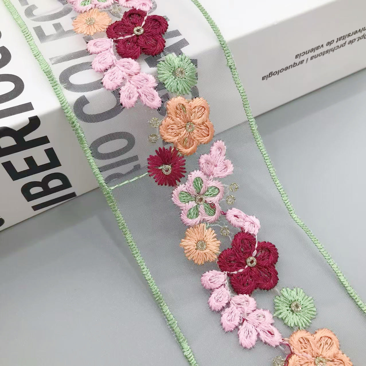 5cm floral sequin organza lace trim in wine, peach, and pink with green accents