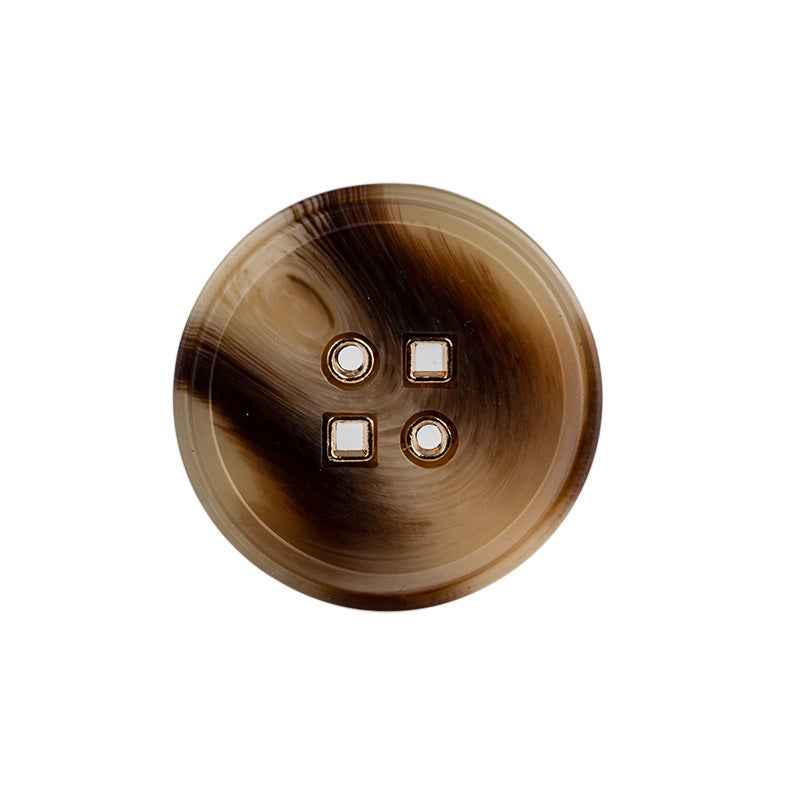 Coffee brown round resin button with four metal holes and gold-tone accents