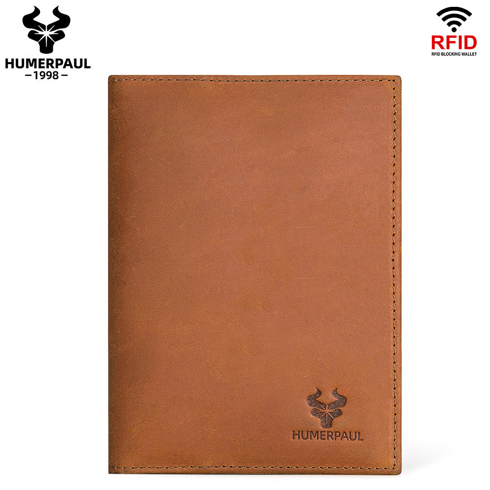Vintage Crazy Horse Leather RFID Passport Wallet, Built-in AirTag Slot Brown
