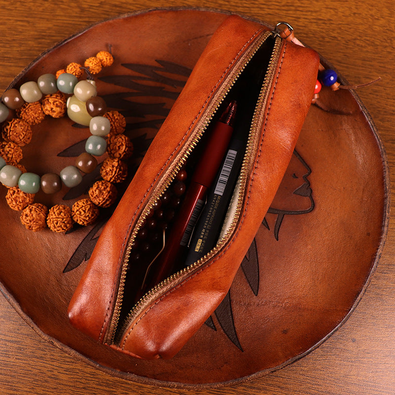 Handmade Vegetable-Tanned Leather Zip Pouch Vintage Distressed Finish