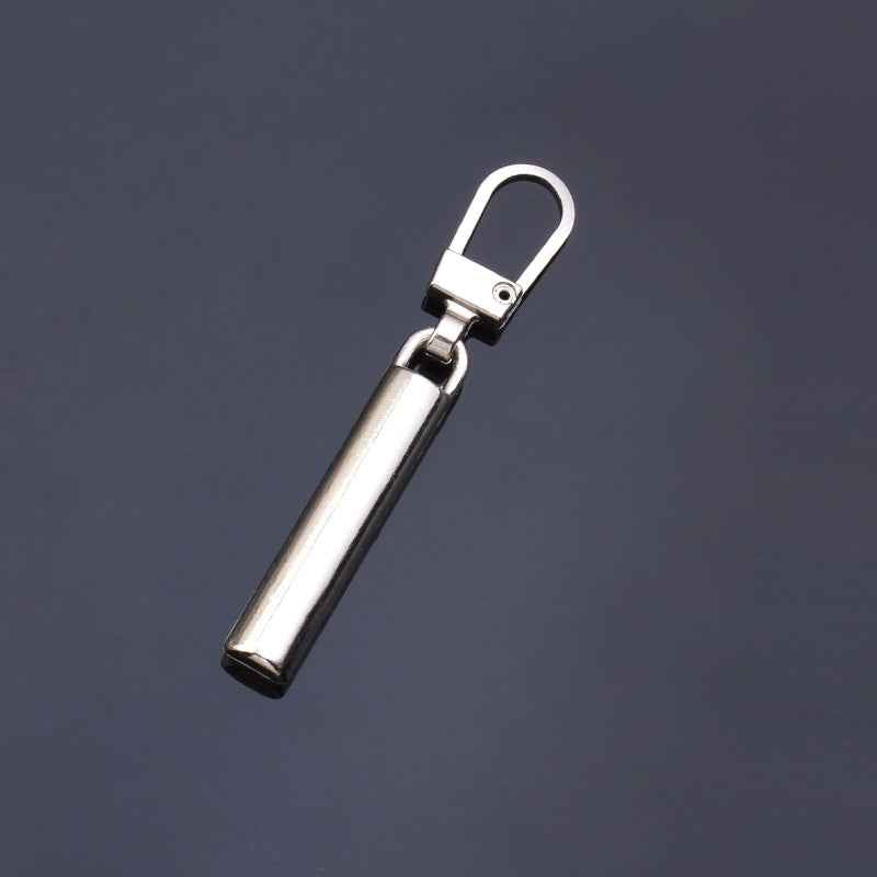 Silver metal zipper pull with black top plate, slim 50x6mm, loop handle