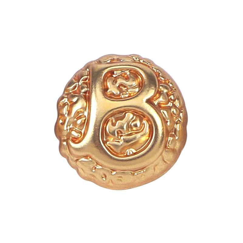 Gold domed letter B metal shank button, close-up of embossed front crest