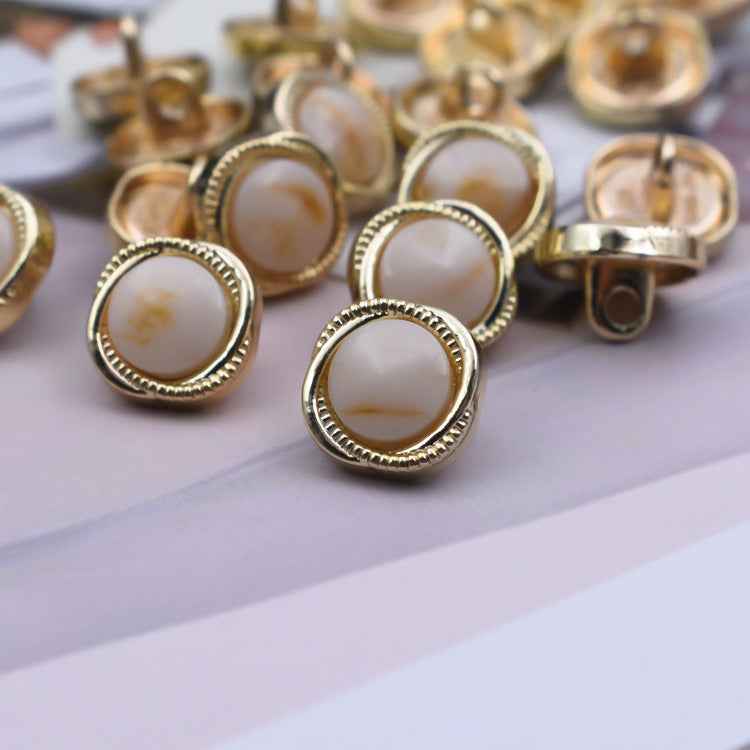 10mm pearl shirt buttons with gold-tone round frames and subtle marbled pearl faces