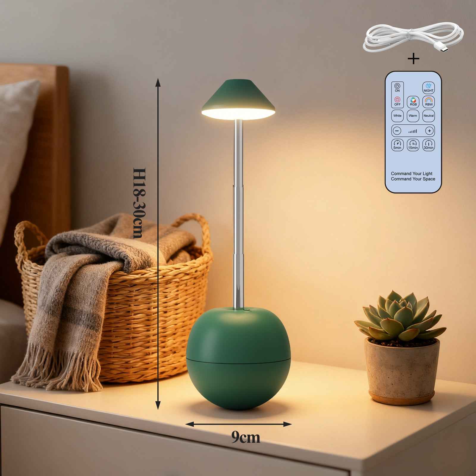LED Night Light Rechargeable with Remote Telescopic Stem Wobble Base Green
