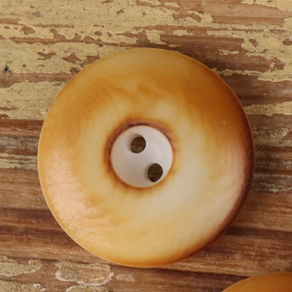 Round 2-hole seed button with thick edge, tan wood-grain finish