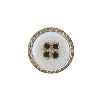 White round flat 4-hole wood button with distressed brown edge