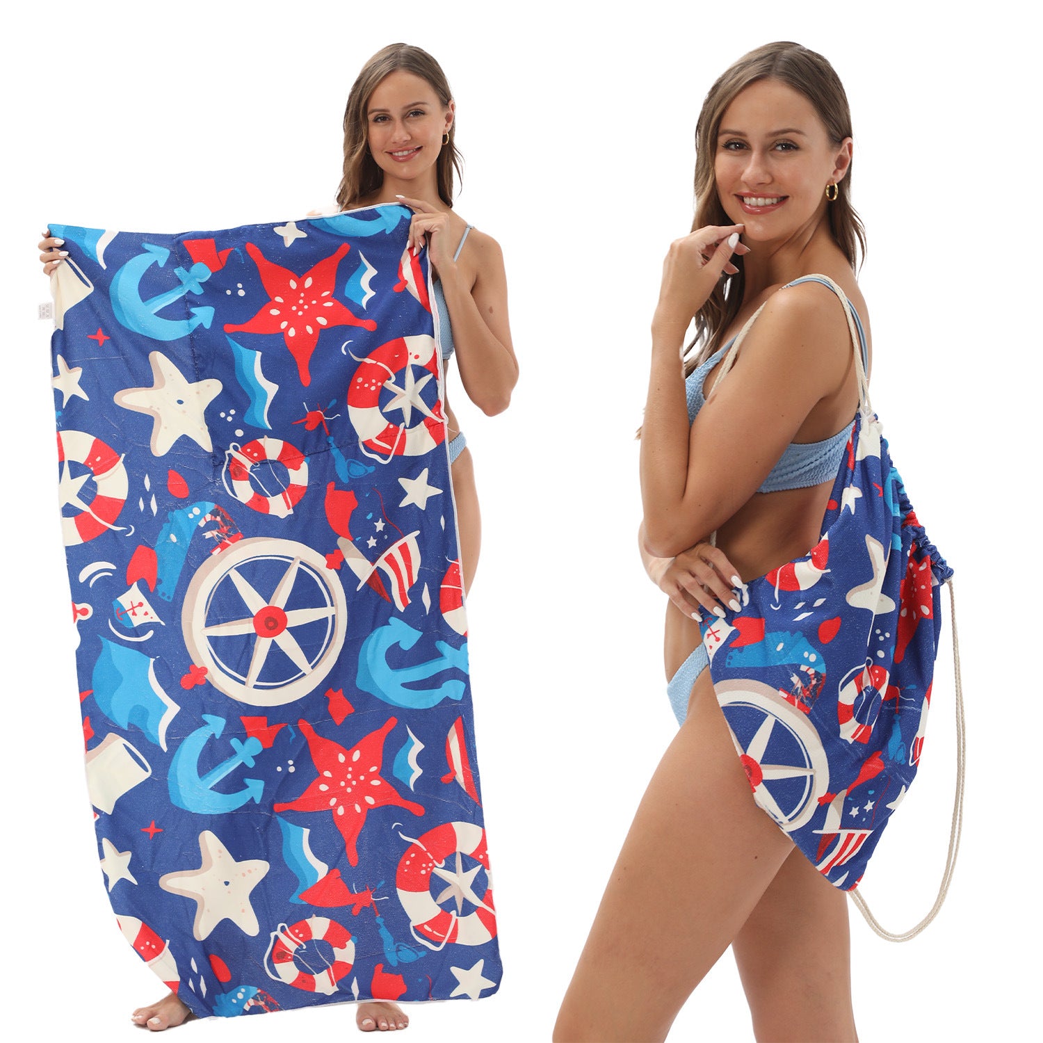 2-in-1 Foldable Printed Beach Towel Built-In Storage Bag