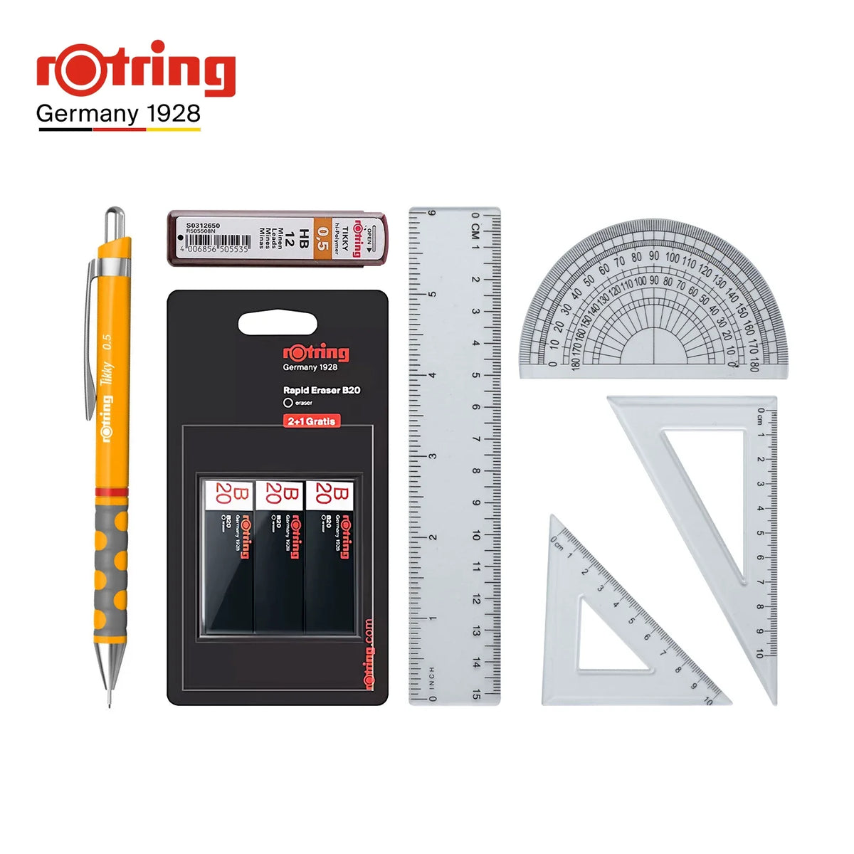 rOtring Tikky Mechanical Pencil Complete Set – 0.5mm Pencil + B20 Erasers + 0.5mm Lead Refills + 4-Piece Ruler Set Yellow
