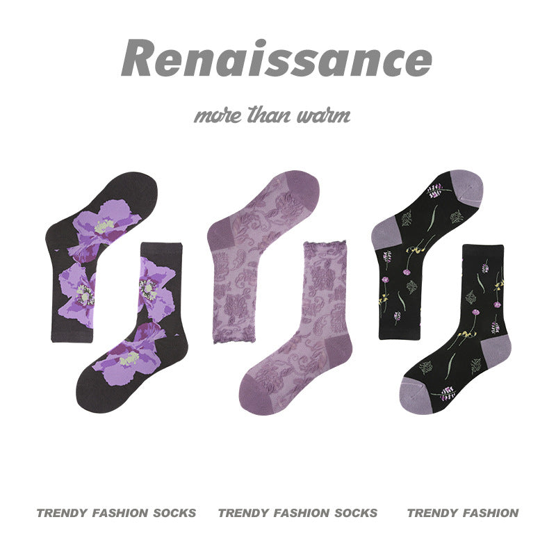 Women's embroidered floral mid-calf socks: purple botanical 3-pack
