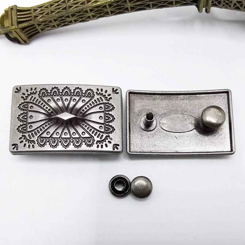 Antique silver floral metal tag rivet studs, rectangular design with back posts