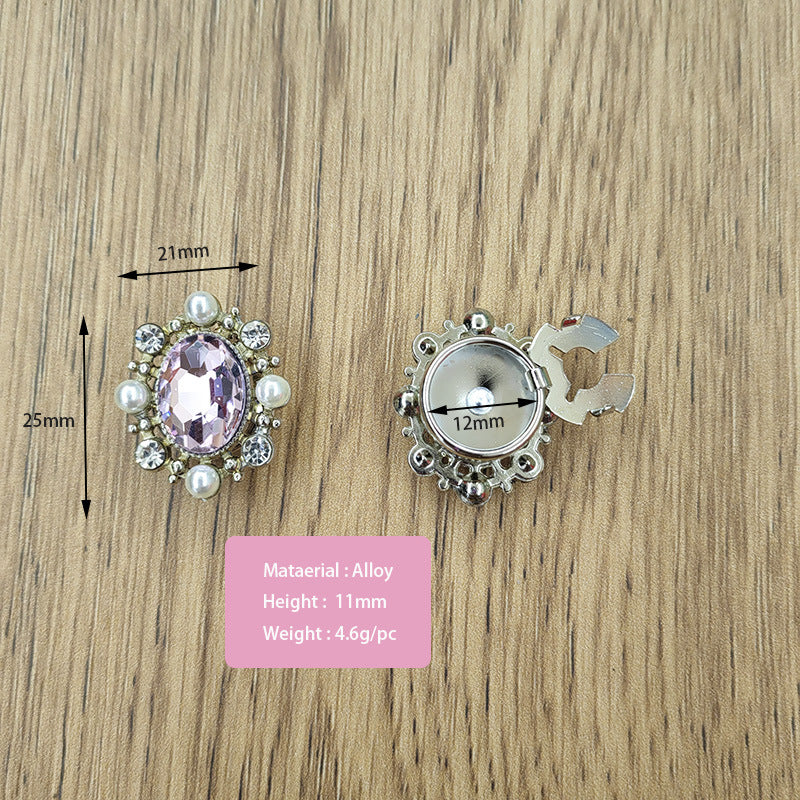 Rhinestone snap-on button, pink oval gem with pearls and silver setting, back & front