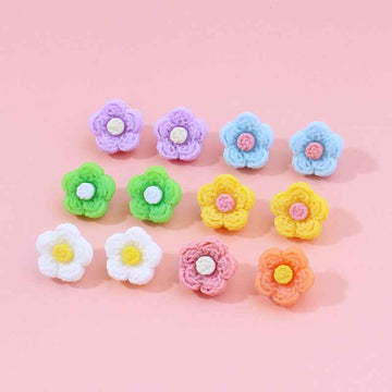 Mixed flower plastic buttons, 13mm, 42pcs; purple, blue, green, yellow, pink